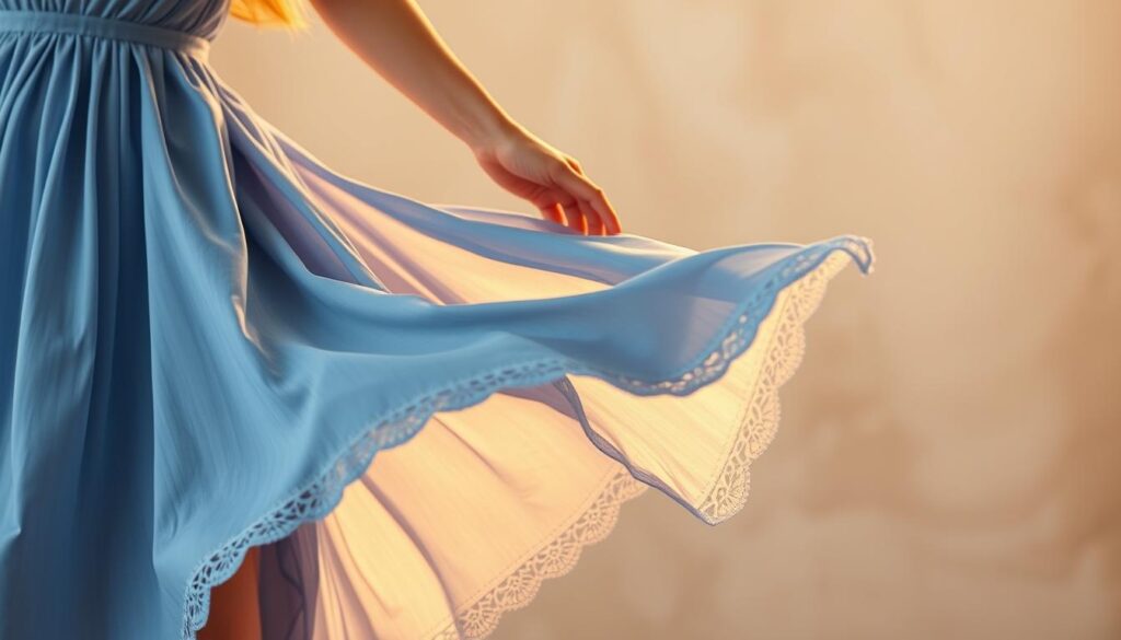 A beautiful, flowing blue dress sways gracefully in a soft breeze. The dress features delicate lace detailing at the hem and sleeves, creating a romantic, feminine silhouette. The fabric catches the warm, golden light, casting gentle shadows and highlights that accentuate the dress's elegant drape. The scene is set against a blurred, pastel-toned background, allowing the dress to be the central focus. The overall mood is one of sophistication and effortless style, perfectly suited for a makeover tutorial showcasing makeup and styling for this chic, blue dress.
