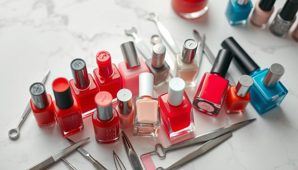 A close-up, high-resolution photograph of various nail polish bottles and manicure tools arranged on a white marble surface. The bottles are in different vibrant colors, including classic reds, soft pinks, and bold blues. Alongside them are metal nail files, cuticle pushers, and other manicure implements. The lighting is soft and diffused, creating a warm, inviting atmosphere. The scene is captured from a slight overhead angle, highlighting the textures and details of the products. The overall composition emphasizes the diversity of manicure styles and techniques, conveying the idea of a professional nail salon or at-home manicure setup.