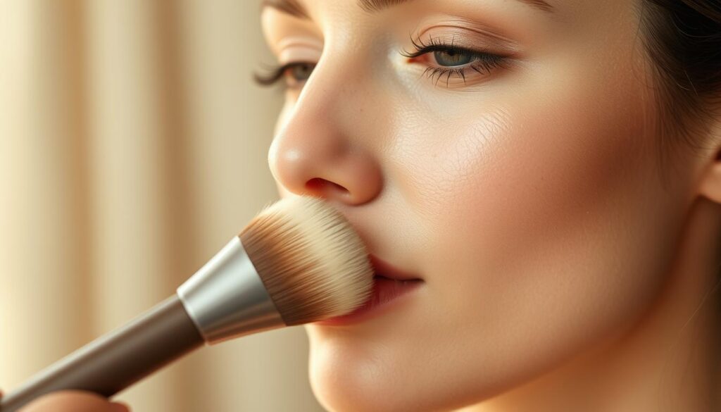 A close-up of a woman's face, showcasing the skin being prepared for makeup application. The foreground features the model's clean, moisturized complexion, with a subtle glow and a slight rosy flush. In the middle ground, a makeup sponge dabs a small amount of foundation, blending it seamlessly into the skin. The background is softly blurred, creating a sense of focus on the skin preparation process. The lighting is soft and diffused, creating a warm, natural atmosphere. The overall mood is one of tranquility and care, as the woman's skin is being primed and prepped for the application of a beautiful, complementary makeup look.