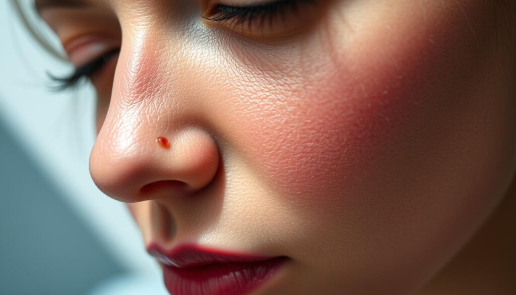 A close-up shot of a face with semi-healed permanent makeup. The skin is red and slightly swollen, with tiny scabs and flaky patches where the ink was implanted. The background is blurred, keeping the focus on the healing process. Soft, diffused lighting highlights the textural details of the skin, creating a serene, clinical atmosphere. The angle is slightly tilted, giving an intimate, almost voyeuristic perspective on the delicate healing stage of permanent cosmetic procedures.