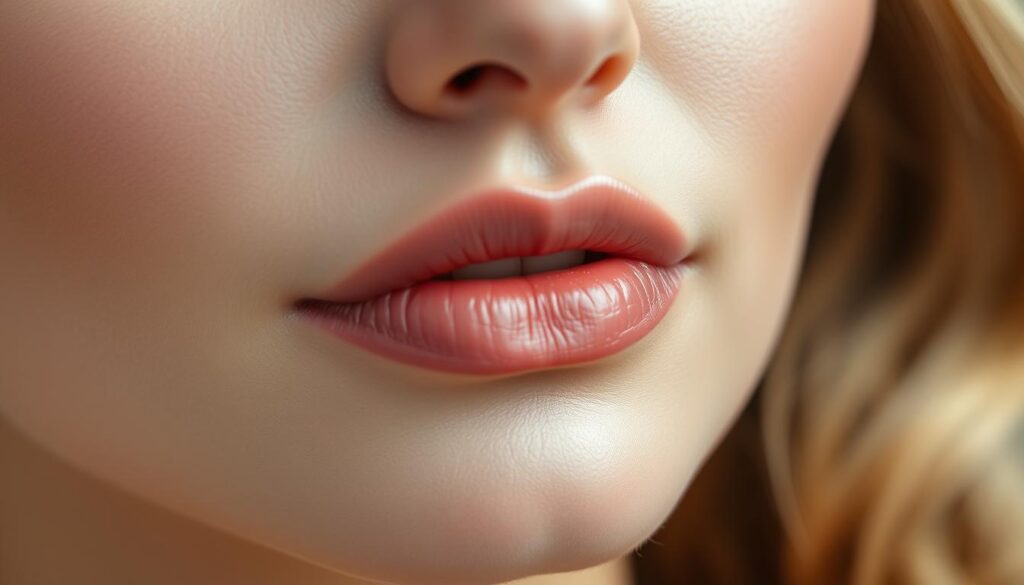 A close-up shot of a woman's lips, freshly treated with permanent makeup. The skin is flawless, with a subtle sheen that reflects the soft, natural lighting. The lips are slightly parted, revealing the delicate texture of the skin and the precise, defined edges of the permanent lip liner. The color is a warm, rosy hue, complementing the model's complexion. The overall mood is one of relaxation and self-care, with a focus on the importance of proper lip care and maintenance after a permanent makeup procedure. The image should convey a sense of beauty, confidence, and the need for a dedicated skincare routine to preserve the results of the permanent makeup treatment.