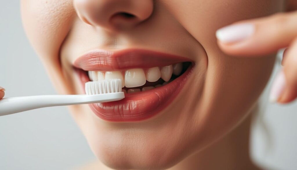 A close-up view of a person's mouth, lips, and teeth, against a neutral background. The person is gently brushing their teeth with a soft-bristled toothbrush, using light, circular motions. The lighting is soft and diffused, creating a calming, intimate atmosphere. The focus is on the delicate, intricate details of the permanent makeup on the lips, as the person carefully cleans around the treated area. The overall mood is one of meticulous care and attention, conveying the importance of proper dental hygiene after receiving permanent cosmetic procedures.