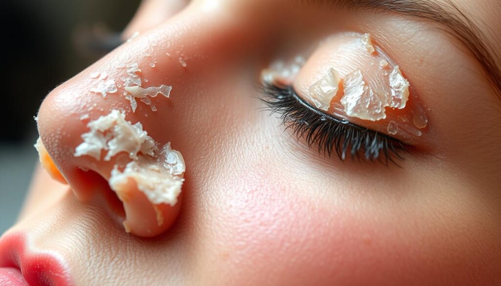 A close-up view of the healing process of permanent makeup, showcasing the peeling and flaking of the skin as the initial scabs gradually fall off, revealing the newly healed, vibrant skin underneath. The scene is bathed in soft, natural lighting, capturing the delicate textures and gradual transformation with a sense of detail and serenity. The focus is on the subtle changes and stages of the healing journey, allowing the viewer to appreciate the natural, gradual restoration of the skin's appearance after the permanent makeup application.