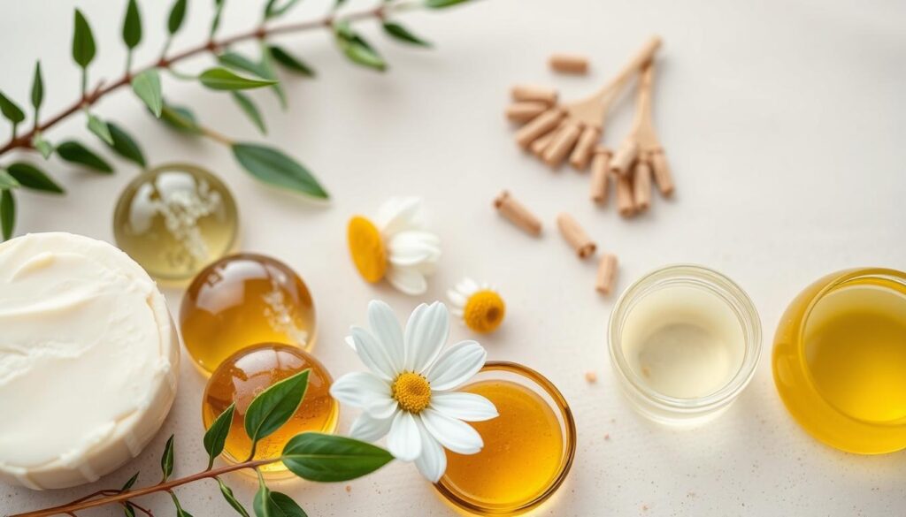 A close-up view of various cosmetic ingredients commonly found in pregnancy-safe products. An assortment of natural, organic ingredients such as shea butter, aloe vera, chamomile, and jojoba oil are displayed on a clean, neutral background with soft, diffused lighting. The arrangement showcases the simplicity and transparency of the formulations, emphasizing the importance of understanding the composition of cosmetics during pregnancy. The scene conveys a sense of purity, safety, and care, aligning with the educational message of the article's section on carefully selecting pregnancy-friendly cosmetics.