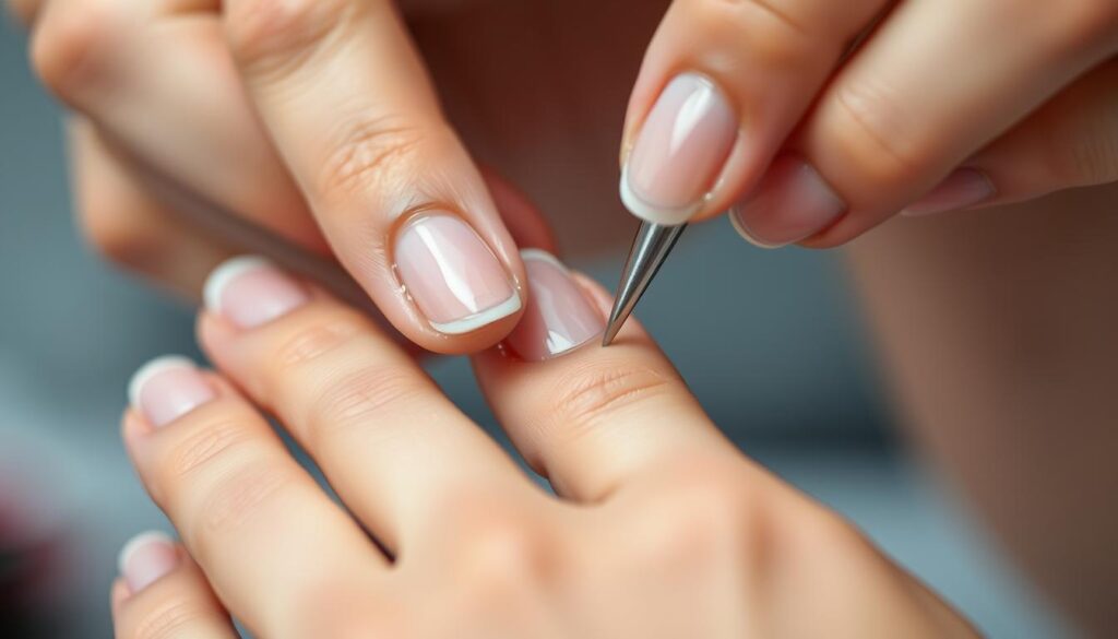 A detailed close-up shot of a woman's hand meticulously preparing her nail plate for a French hybrid manicure. The nails are positioned prominently in the foreground, showcasing the intricate process of gently pushing back and smoothing the cuticles, using a specialized tool. Soft, even lighting highlights the delicate textures and the care being taken. The background is blurred, keeping the focus on the skilled, precise movements of the fingers. The overall mood is one of quiet concentration and attention to detail, reflecting the importance of proper nail preparation for achieving a flawless, long-lasting hybrid nail style. A detailed close-up shot of a woman's hand meticulously preparing her nail plate for a French hybrid manicure. The nails are positioned prominently in the foreground, showcasing the intricate process of gently pushing back and smoothing the cuticles, using a specialized tool. Soft, even lighting highlights the delicate textures and the care being taken. The background is blurred, keeping the focus on the skilled, precise movements of the fingers. The overall mood is one of quiet concentration and attention to detail, reflecting the importance of proper nail preparation for achieving a flawless, long-lasting hybrid nail style.