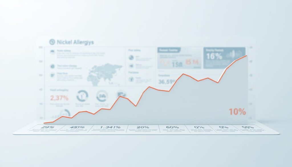 A detailed data visualization depicting statistics on nickel allergy prevalence. In the foreground, a 3D line graph showcases the percentage of individuals affected by nickel allergies, with distinct data points representing different demographics. The middle ground features a series of informative icons and infographic elements illustrating the causes, symptoms, and impact of nickel sensitivity. The background blends a clean, minimalist layout with subtle textures and gradients, creating a professional, data-driven aesthetic. Soft, even lighting accentuates the clarity of the visualization, while a slightly low camera angle conveys a sense of authority and expertise. The overall composition strikes a balance between analytical precision and visual appeal, effectively communicating the key insights on the topic of nickel allergy statistics. A detailed data visualization depicting statistics on nickel allergy prevalence. In the foreground, a 3D line graph showcases the percentage of individuals affected by nickel allergies, with distinct data points representing different demographics. The middle ground features a series of informative icons and infographic elements illustrating the causes, symptoms, and impact of nickel sensitivity. The background blends a clean, minimalist layout with subtle textures and gradients, creating a professional, data-driven aesthetic. Soft, even lighting accentuates the clarity of the visualization, while a slightly low camera angle conveys a sense of authority and expertise. The overall composition strikes a balance between analytical precision and visual appeal, effectively communicating the key insights on the topic of nickel allergy statistics.