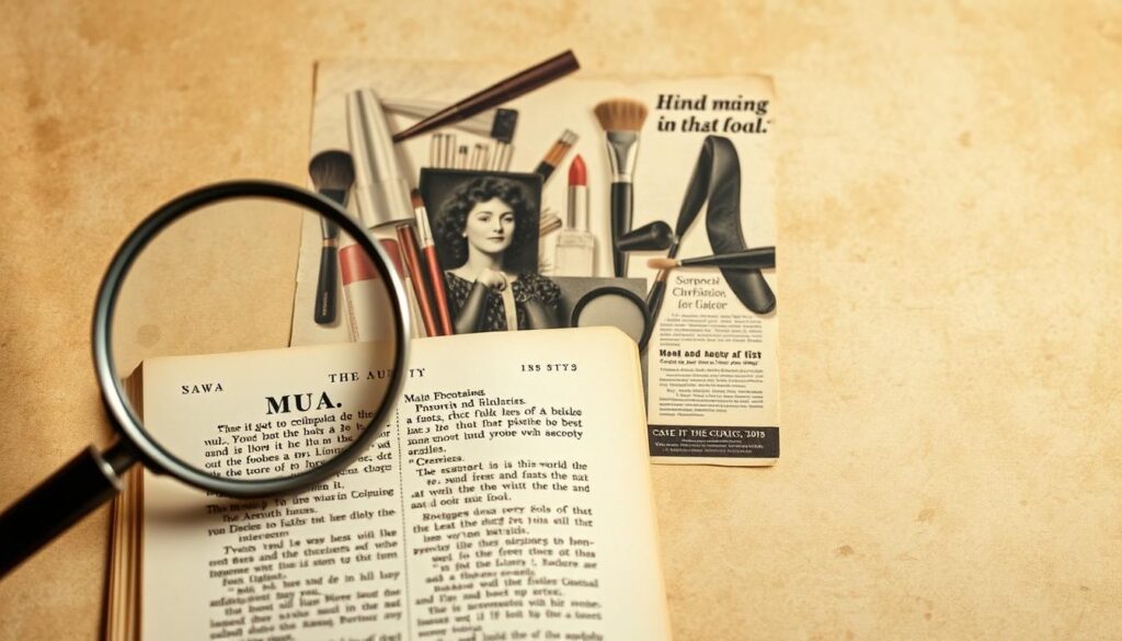A detailed sketch of the etymology and evolution of the term "MUA" on a vintage, sepia-toned background. In the foreground, a magnifying glass hovers over an antique dictionary page, revealing the origins of the makeup artist acronym. In the middle ground, a collage of old makeup tools and cosmetic advertisements from different eras depicts the term's rise in popularity. The background features a textured, aged paper backdrop, evoking a sense of historical research and documentation. The lighting is soft and warm, creating an atmosphere of academic study and aesthetic appreciation. A detailed sketch of the etymology and evolution of the term "MUA" on a vintage, sepia-toned background. In the foreground, a magnifying glass hovers over an antique dictionary page, revealing the origins of the makeup artist acronym. In the middle ground, a collage of old makeup tools and cosmetic advertisements from different eras depicts the term's rise in popularity. The background features a textured, aged paper backdrop, evoking a sense of historical research and documentation. The lighting is soft and warm, creating an atmosphere of academic study and aesthetic appreciation.