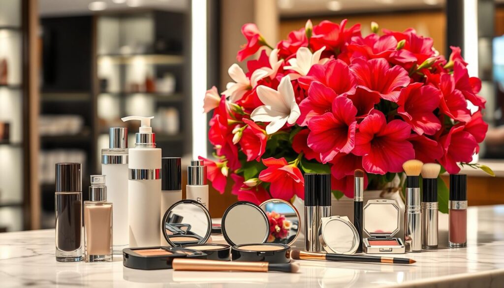 A high-end Italian makeup collection artfully displayed on a chic marble countertop. In the foreground, an assortment of luxurious cosmetic products, including sleek glass bottles, elegant compacts, and pristine makeup brushes. The middle ground features a lush bouquet of vibrant Italian flowers, adding a touch of Mediterranean elegance. The background is softly lit, highlighting the warm, inviting atmosphere of an upscale Italian beauty boutique. The overall scene conveys a sense of sophistication, quality, and the allure of Italian cosmetic craftsmanship. A high-end Italian makeup collection artfully displayed on a chic marble countertop. In the foreground, an assortment of luxurious cosmetic products, including sleek glass bottles, elegant compacts, and pristine makeup brushes. The middle ground features a lush bouquet of vibrant Italian flowers, adding a touch of Mediterranean elegance. The background is softly lit, highlighting the warm, inviting atmosphere of an upscale Italian beauty boutique. The overall scene conveys a sense of sophistication, quality, and the allure of Italian cosmetic craftsmanship.