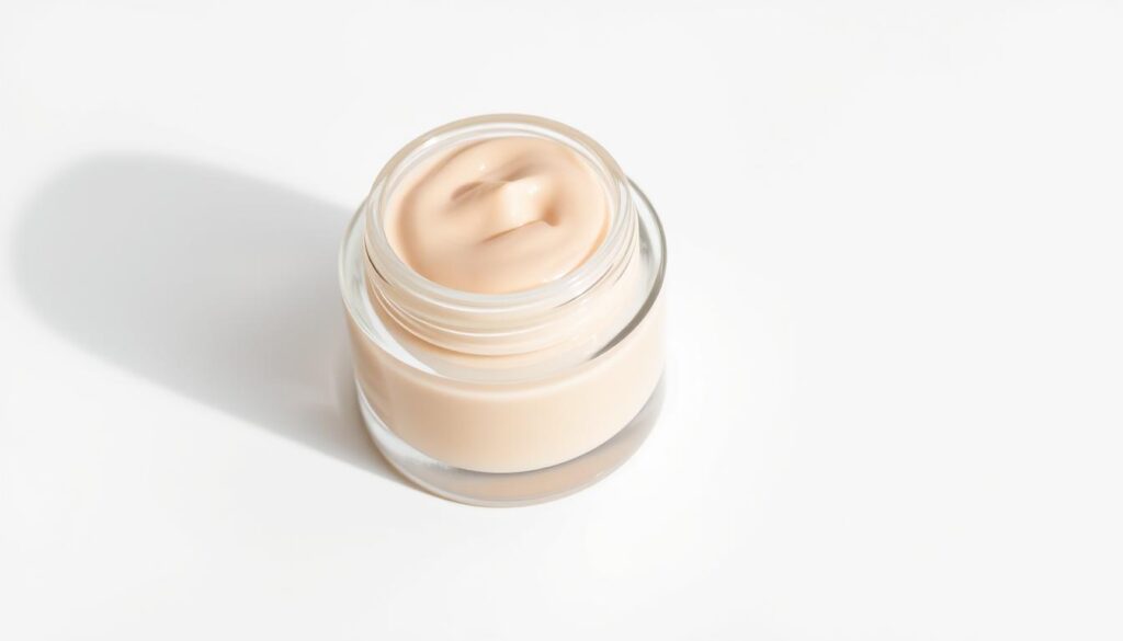 A high-quality, close-up photograph of a glass jar containing a smooth, luminous foundation product for sensitive, rosacea-prone skin. The jar sits on a minimalist white background, casting a soft, diffused shadow. The foundation has a creamy, buildable texture and a natural, radiant finish that subtly evens out redness and blotchiness. The lighting is soft and flattering, highlighting the silky, luxurious appearance of the product. The overall mood is serene, elegant, and focused on showcasing the key features of the ideal foundation for people with visible capillaries or redness in their complexion.