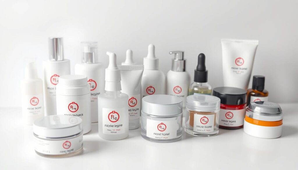 A high-resolution, photorealistic image of various cosmetic product containers and bottles, arranged on a clean, minimalist white background. The containers are labeled with symbols and designations indicating the presence of nickel, conveying information about how nickel is commonly marked in cosmetics. The lighting is soft and diffused, creating an even, professional-looking presentation. The focus is sharp, drawing attention to the clear labeling and branding on the products. The overall composition is balanced and aesthetically pleasing, suitable for illustrating the section on how nickel is labeled in cosmetics. A high-resolution, photorealistic image of various cosmetic product containers and bottles, arranged on a clean, minimalist white background. The containers are labeled with symbols and designations indicating the presence of nickel, conveying information about how nickel is commonly marked in cosmetics. The lighting is soft and diffused, creating an even, professional-looking presentation. The focus is sharp, drawing attention to the clear labeling and branding on the products. The overall composition is balanced and aesthetically pleasing, suitable for illustrating the section on how nickel is labeled in cosmetics.