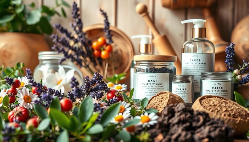 A lush botanical arrangement showcasing the natural ingredients of authentic Hungarian cosmetics. In the foreground, a collection of vibrant, organic botanicals including rosehips, lavender, chamomile, and mineral-rich mud. The midground features elegant glass jars and bottles, their labels highlighting the pure, locally-sourced components. Diffused, natural lighting casts a warm, inviting glow, highlighting the earthy tones and textures. The background depicts a serene, rustic setting with wooden accents, evoking the pastoral landscapes of the Hungarian countryside. The overall composition conveys a sense of quality, authenticity, and the nourishing power of nature-based skincare. A lush botanical arrangement showcasing the natural ingredients of authentic Hungarian cosmetics. In the foreground, a collection of vibrant, organic botanicals including rosehips, lavender, chamomile, and mineral-rich mud. The midground features elegant glass jars and bottles, their labels highlighting the pure, locally-sourced components. Diffused, natural lighting casts a warm, inviting glow, highlighting the earthy tones and textures. The background depicts a serene, rustic setting with wooden accents, evoking the pastoral landscapes of the Hungarian countryside. The overall composition conveys a sense of quality, authenticity, and the nourishing power of nature-based skincare.