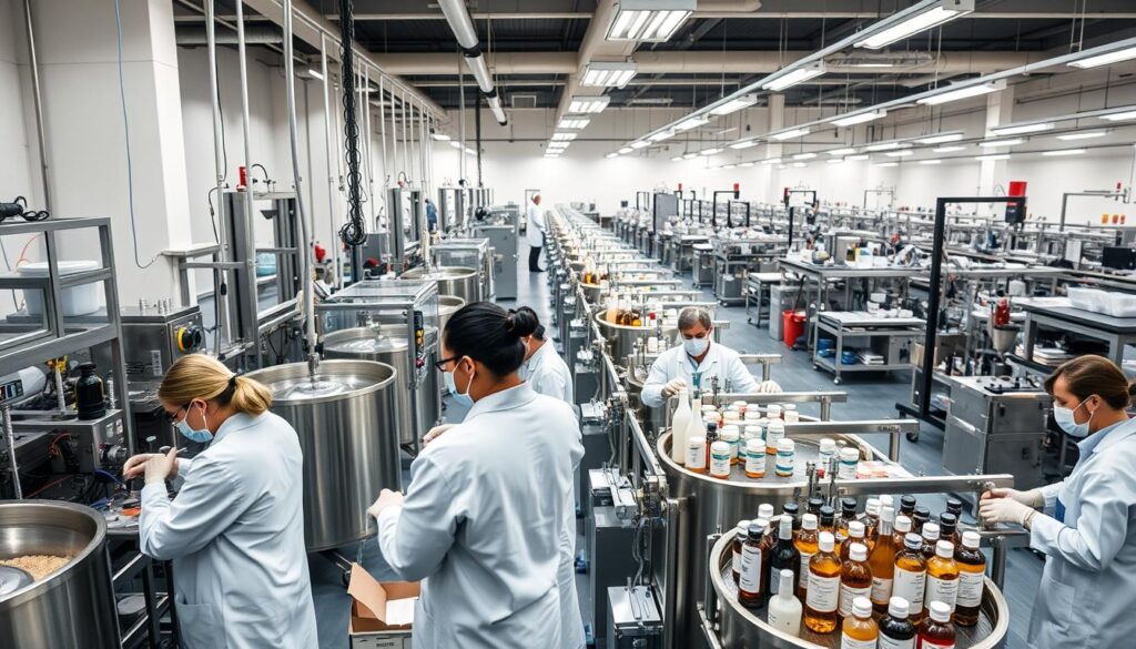 A modern, well-equipped cosmetics production facility. In the foreground, workers in white lab coats carefully measure and mix various ingredients in stainless steel vats, creating natural, botanical-infused formulas. The middle ground showcases state-of-the-art packaging and labeling machinery, efficiently filling and sealing bottles and jars. In the background, rows of quality control stations and packaging lines, bathed in soft, even lighting that conveys a sense of precision and care. The overall atmosphere is one of scientific discipline, environmental awareness, and a commitment to producing high-quality, safe cosmetic products. A modern, well-equipped cosmetics production facility. In the foreground, workers in white lab coats carefully measure and mix various ingredients in stainless steel vats, creating natural, botanical-infused formulas. The middle ground showcases state-of-the-art packaging and labeling machinery, efficiently filling and sealing bottles and jars. In the background, rows of quality control stations and packaging lines, bathed in soft, even lighting that conveys a sense of precision and care. The overall atmosphere is one of scientific discipline, environmental awareness, and a commitment to producing high-quality, safe cosmetic products.