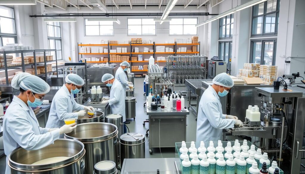 A spacious, modern cosmetics production facility. In the foreground, workers in clean white coats carefully measure and mix various ingredients in stainless steel vats. The middle ground showcases automated filling and packaging machines, precisely bottling and sealing the final products. In the background, shelves of neatly labeled raw materials and supplies line the walls, while large windows provide natural lighting and a glimpse of the outside world. The atmosphere is one of professionalism, efficiency, and attention to detail - a behind-the-scenes look at the meticulous process of bringing beauty products to life. A spacious, modern cosmetics production facility. In the foreground, workers in clean white coats carefully measure and mix various ingredients in stainless steel vats. The middle ground showcases automated filling and packaging machines, precisely bottling and sealing the final products. In the background, shelves of neatly labeled raw materials and supplies line the walls, while large windows provide natural lighting and a glimpse of the outside world. The atmosphere is one of professionalism, efficiency, and attention to detail - a behind-the-scenes look at the meticulous process of bringing beauty products to life.