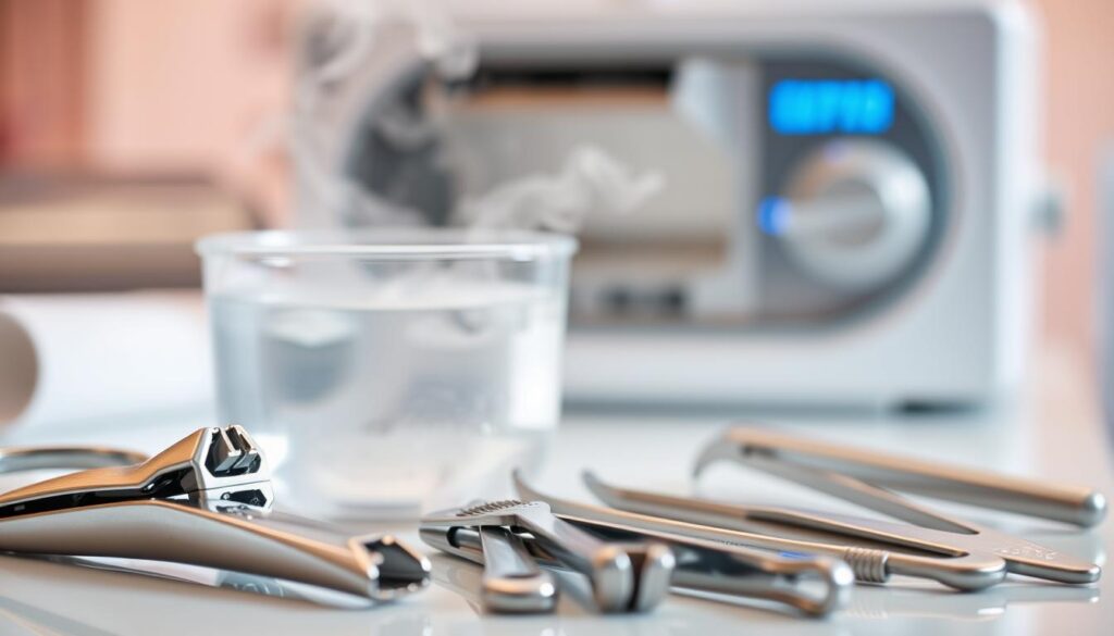 A sterile manicure tools display, shot in soft lighting with a shallow depth of field. In the foreground, a set of nail clippers, tweezers, and a cuticle pusher are neatly arranged, their metal surfaces gleaming. The middle ground features a disinfecting solution in a glass container, steam rising gently. In the background, blurred out, a medical-grade autoclave or UV sterilizer can be seen, symbolizing the importance of proper sanitization. The overall atmosphere conveys a sense of clinical cleanliness and attention to hygienic practices in a professional nail care setting.