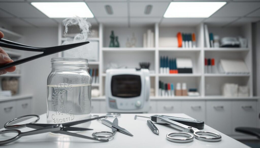 A sterile medical setting, with bright overhead lighting illuminating a table of neatly arranged manicure tools. In the foreground, a pair of tongs grasps a pair of scissors, and a glass jar filled with a clear disinfecting solution stands ready. In the middle ground, a small autoclave sterilizer emits a faint wisp of steam, while in the background, shelves hold an assortment of pristine files, buffers, and other grooming implements. The scene conveys a sense of order, cleanliness, and professionalism, perfectly suited for the "Practical Sterilization Methods" section of the article.