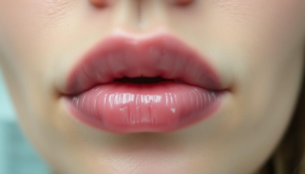 Close-up of a person's lips in the process of healing after a permanent makeup procedure. The lips appear slightly swollen and the skin has a reddish-pink hue, indicating the early stages of the healing process. The lighting is soft and diffused, creating a gentle, almost clinical atmosphere. The image is captured at a slight angle, highlighting the texture and detail of the lips. The background is blurred, keeping the focus solely on the subject. The overall mood conveys the delicate and sensitive nature of the healing process following a permanent makeup treatment.