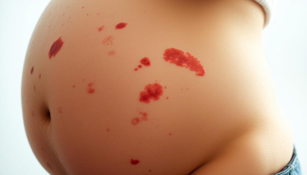 Detailed close-up of skin changes during pregnancy, featuring various types of rash, discoloration, and pigmentation on a pregnant woman's abdomen. The image should convey a sense of medical information and provide a clear visual reference for the topic. Lighting should be soft and diffused, capturing the nuances of skin texture and tone. The framing should be tight, focusing on the affected areas without distracting elements. The overall mood should be clinical yet empathetic, supporting the educational nature of the article.