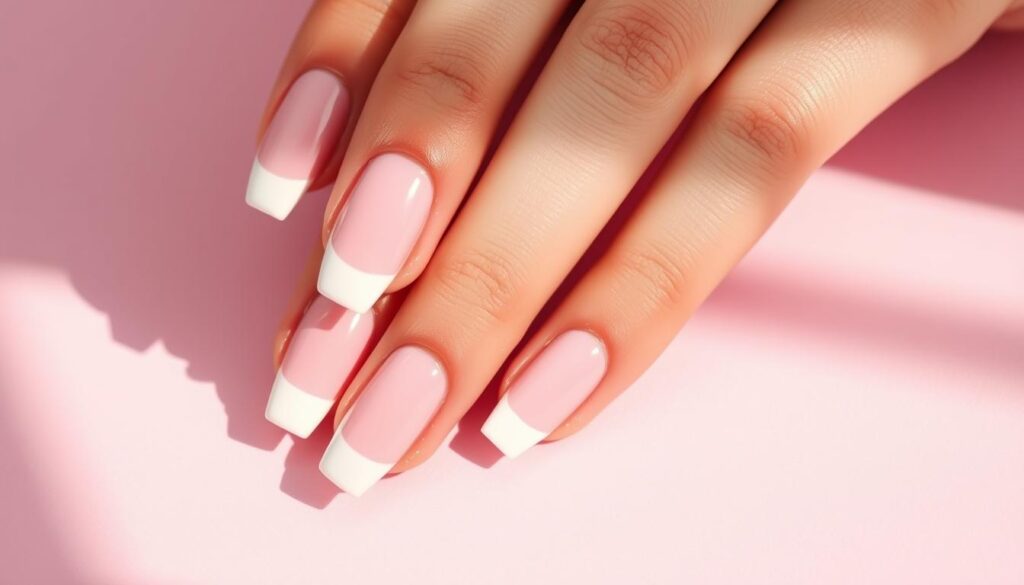 Elegant french manicure hybrydowy on long, well-groomed fingernails. Soft pink nail polish with a crisp white tip, perfectly blended. Nails set against a delicate pink background, creating a harmonious and sophisticated composition. Warm, natural lighting gently illuminates the scene, enhancing the pearlescent shine of the polish. The image conveys a sense of refined femininity and timeless style, perfectly suited for the "French hybrydowy krok po kroku" article's "Wprowadzenie do french hybrydowego manicure" section. Elegant french manicure hybrydowy on long, well-groomed fingernails. Soft pink nail polish with a crisp white tip, perfectly blended. Nails set against a delicate pink background, creating a harmonious and sophisticated composition. Warm, natural lighting gently illuminates the scene, enhancing the pearlescent shine of the polish. The image conveys a sense of refined femininity and timeless style, perfectly suited for the "French hybrydowy krok po kroku" article's "Wprowadzenie do french hybrydowego manicure" section.