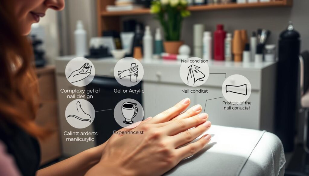a highly detailed, realistic, and visually striking image of various factors influencing the duration of a manicure procedure. The foreground should depict a woman's hands receiving a manicure, with the manicurist carefully working on the nails. In the middle ground, various elements should be shown that can impact the manicure time, such as the complexity of the nail design, the use of gel or acrylic, the client's nail condition, and the experience level of the manicurist. The background should feature a well-equipped nail salon setting, with tools, products, and other relevant accessories visible. The lighting should be natural and soft, creating a warm and inviting atmosphere. The overall composition should be balanced and visually appealing, conveying the importance of these factors in determining the duration of a manicure.